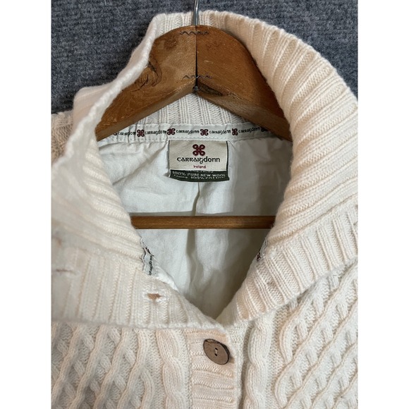 VTG Carraig Donn Women Wool Ireland Button Cardigan M Cable Knit Ivory Lined - Picture 2 of 11